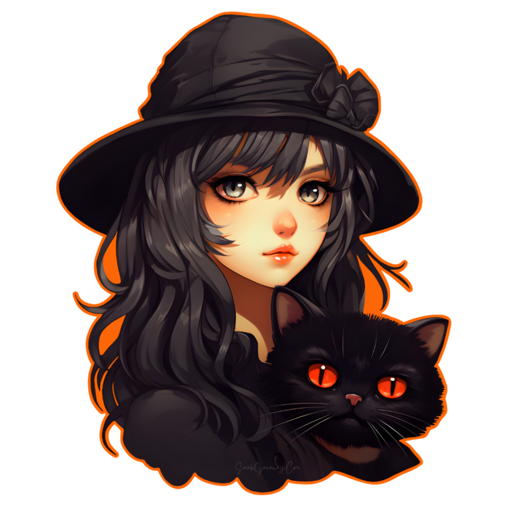 Free Digital Halloween Sticker : Adorable Witch With Trusty Familar